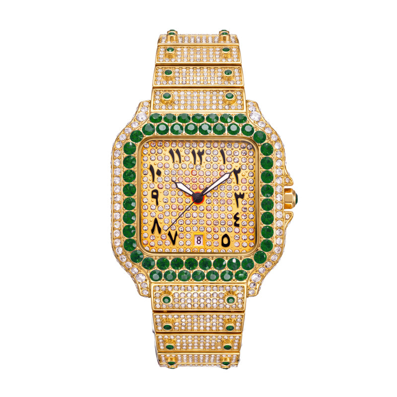 BB8237 Live Edition Men's Fully Iced Out Square Quartz Watch - 43mm Gem Bezel Arabic-Indic Numerals Pave Diamond Dial 6H Date Metal Band Wristwatch