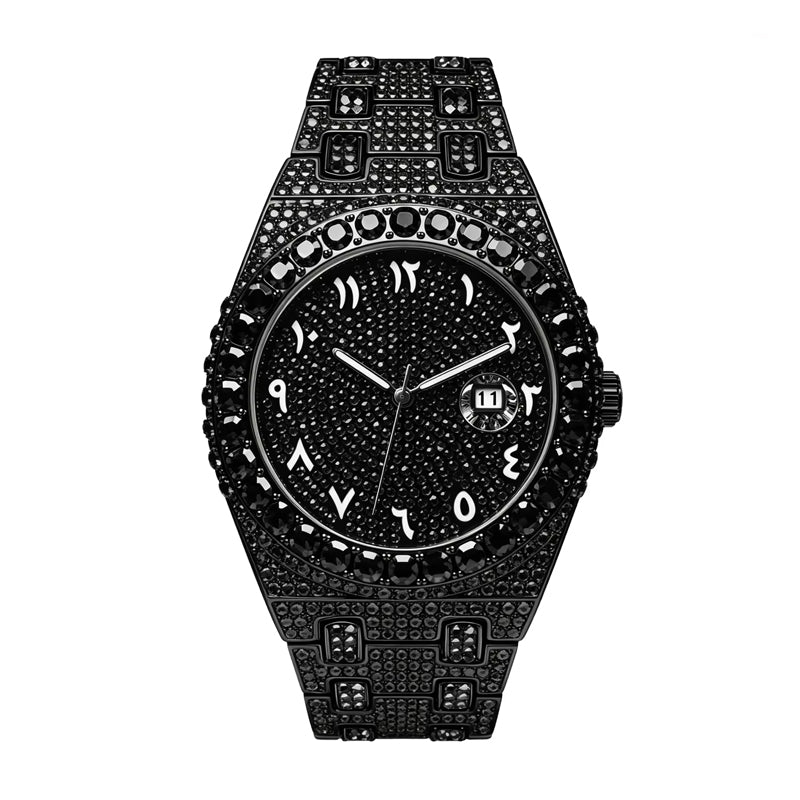 BB8243 Live Edition Men's Fully Iced Out Octagonal Quartz Watch - 43mm Gem Bezel Arabic-Indic Numerals Pave Diamond Dial Cyclops Date Metal Band Wristwatch
