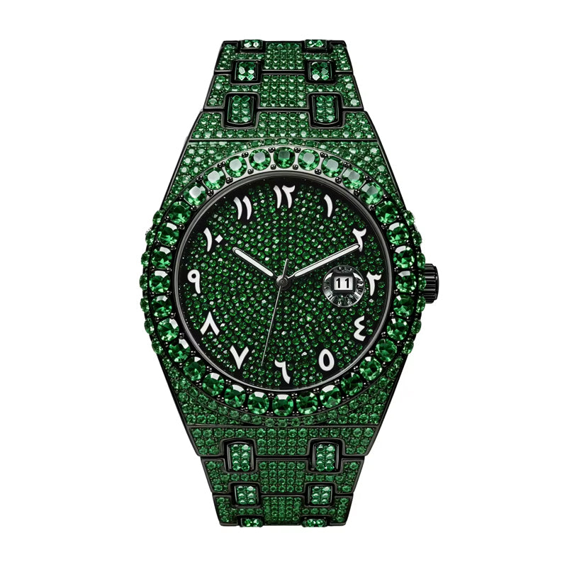 BB8243 Live Edition Men's Fully Iced Out Octagonal Quartz Watch - 43mm Gem Bezel Arabic-Indic Numerals Pave Diamond Dial Cyclops Date Metal Band Wristwatch