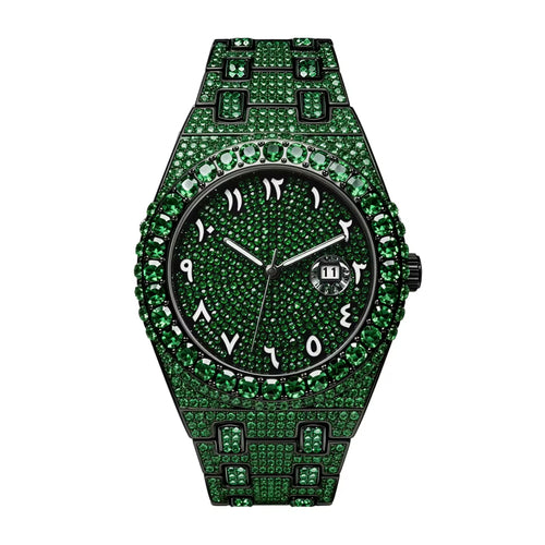 BB8243 Live Edition Men's Fully Iced Out Octagonal Quartz Watch - 43mm Gem Bezel Arabic-Indic Numerals Pave Diamond Dial Cyclops Date Metal Band Wristwatch