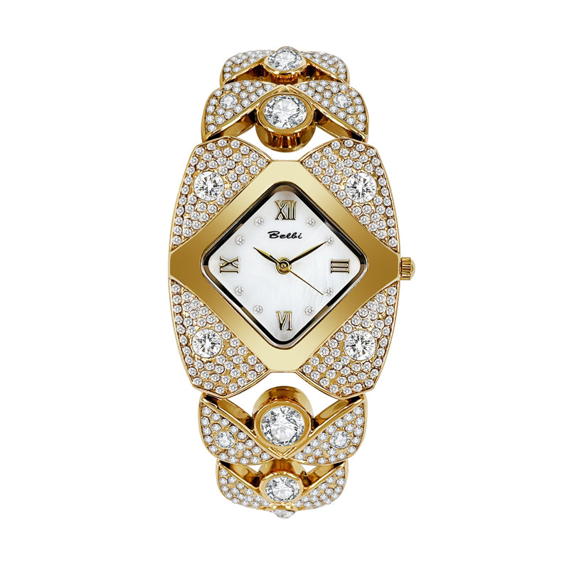 BELBI BL8113 Quartz Watch - Live Edition Women's Luxury Full IPG Gold Crystal Pavé Ornate Shield Case Mother-of-Pearl Dial Jewelry Bracelet Wristwatch