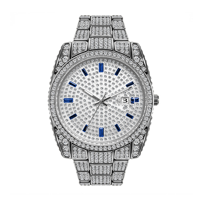 BELBI BELBL-8137 Live Edition Men's Iced Out Watch - Luxury Full Crystals Encrusted Round Case Pave Dial Ruby Red Indices 3H Date Metal Band Hiphop Wristwatch