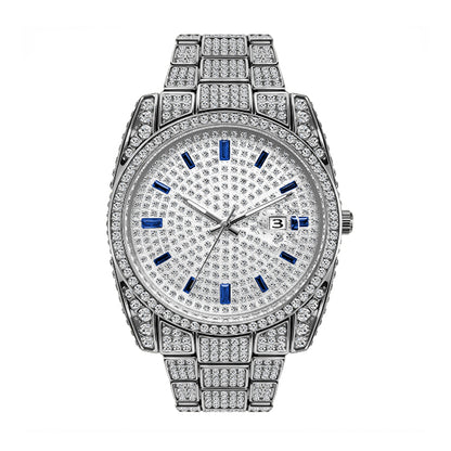 BELBI BELBL-8137 Live Edition Men's Iced Out Watch - Luxury Full Crystals Encrusted Round Case Pave Dial Ruby Red Indices 3H Date Metal Band Hiphop Wristwatch