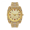 BELBI BELBL-8137 Live Edition Men's Iced Out Watch - Luxury Full Crystals Encrusted Round Case Pave Dial Ruby Red Indices 3H Date Metal Band Hiphop Wristwatch