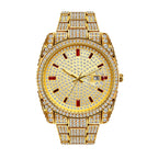 BELBI BELBL-8137 Live Edition Men's Iced Out Watch - Luxury Full Crystals Encrusted Round Case Pave Dial Ruby Red Indices 3H Date Metal Band Hiphop Wristwatch