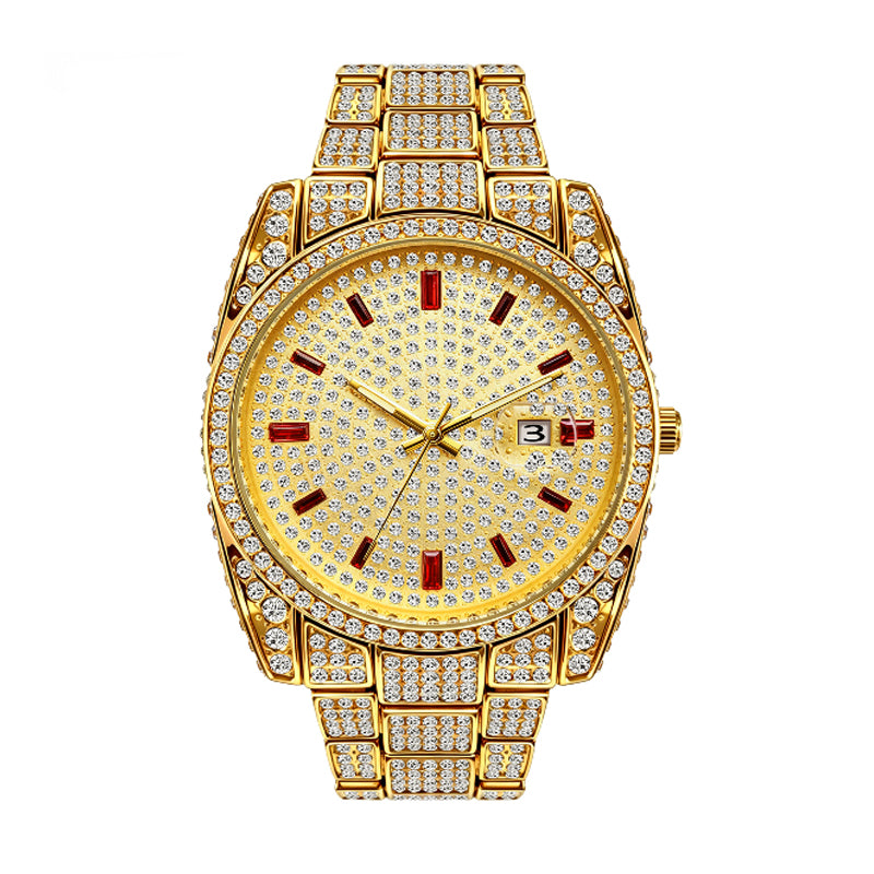 BELBI BELBL-8137 Live Edition Men's Iced Out Watch - Luxury Full Crystals Encrusted Round Case Pave Dial Ruby Red Indices 3H Date Metal Band Hiphop Wristwatch