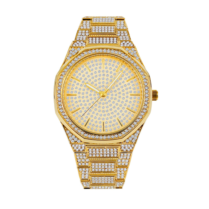 BELBI BELBL-8138 Live Edition Men's Iced Out Watch - Luxury Full Crystals Encrusted Geometric Bezel Pave Gold Dial Metal Band Hiphop Wristwatch