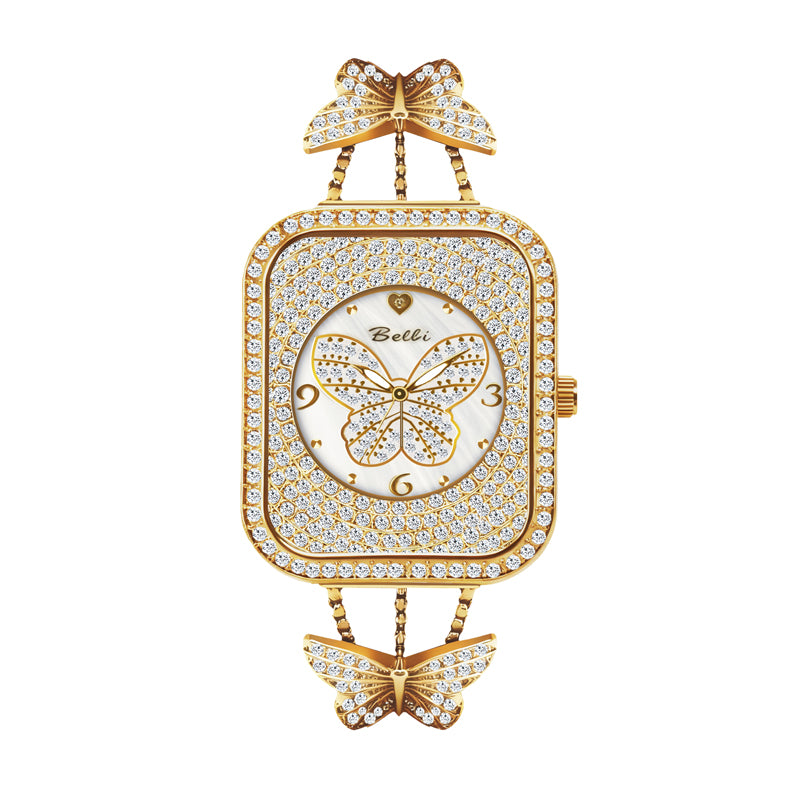 BELBI BL8214 Quartz Watch - Live Edition Luxury Full IPG Gold Crystal Pavé Butterfly Motif Mother-of-Pearl Dial Jewelry Bangle Bracelet Wristwatch