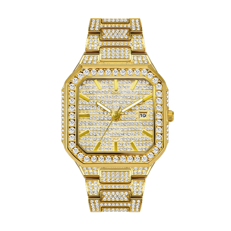 BELBI BELBL-8223 Live Edition Men's Iced Out Watch - Luxury Full Crystals Encrusted Octagonal Case Pave Dial Date Window Metal Band Hiphop Wristwatch