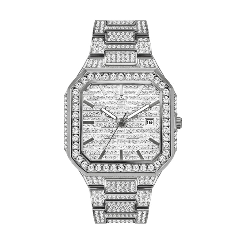 BELBI BELBL-8223 Live Edition Men's Iced Out Watch - Luxury Full Crystals Encrusted Octagonal Case Pave Dial Date Window Metal Band Hiphop Wristwatch