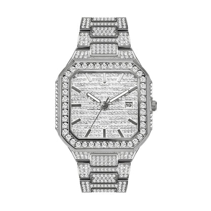 BELBI BELBL-8223 Live Edition Men's Iced Out Watch - Luxury Full Crystals Encrusted Octagonal Case Pave Dial Date Window Metal Band Hiphop Wristwatch
