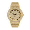 BELBI BELBL-8235 Live Edition Men's Iced Out Watch - Luxury Full Crystals Encrusted Round Case Gold Dial Date Window Stainless Steel Band Hiphop Wristwatch