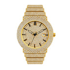 BELBI BELBL-8235 Live Edition Men's Iced Out Watch - Luxury Full Crystals Encrusted Round Case Gold Dial Date Window Stainless Steel Band Hiphop Wristwatch