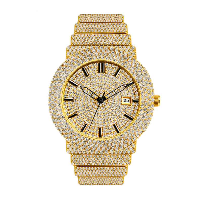 BELBI BELBL-8235 Live Edition Men's Iced Out Watch - Luxury Full Crystals Encrusted Round Case Gold Dial Date Window Stainless Steel Band Hiphop Wristwatch