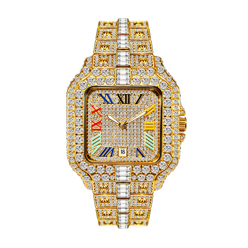 BELBI BELBL-8238 Live Edition Men's Iced Out Watch - Luxury Large Crystal Bezel Pave Dial Rainbow Roman Numerals 6H Date Metal Band Hiphop Wristwatch