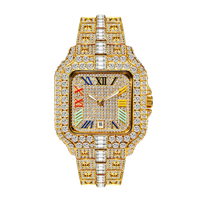BELBI BELBL-8238 Live Edition Men's Iced Out Watch - Luxury Large Crystal Bezel Pave Dial Rainbow Roman Numerals 6H Date Metal Band Hiphop Wristwatch