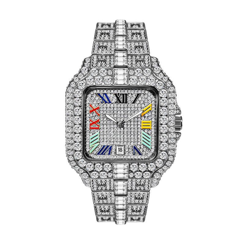 BELBI BELBL-8238 Live Edition Men's Iced Out Watch - Luxury Large Crystal Bezel Pave Dial Rainbow Roman Numerals 6H Date Metal Band Hiphop Wristwatch