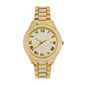 BELBI BELBL-8242 Live Edition Men's Iced Out Watch - Luxury Full Crystals Encrusted Roman Numerals Gold Dial Date Window Metal Band Hiphop Wristwatch