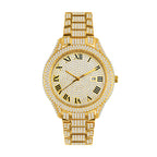 BELBI BELBL-8242 Live Edition Men's Iced Out Watch - Luxury Full Crystals Encrusted Roman Numerals Gold Dial Date Window Metal Band Hiphop Wristwatch