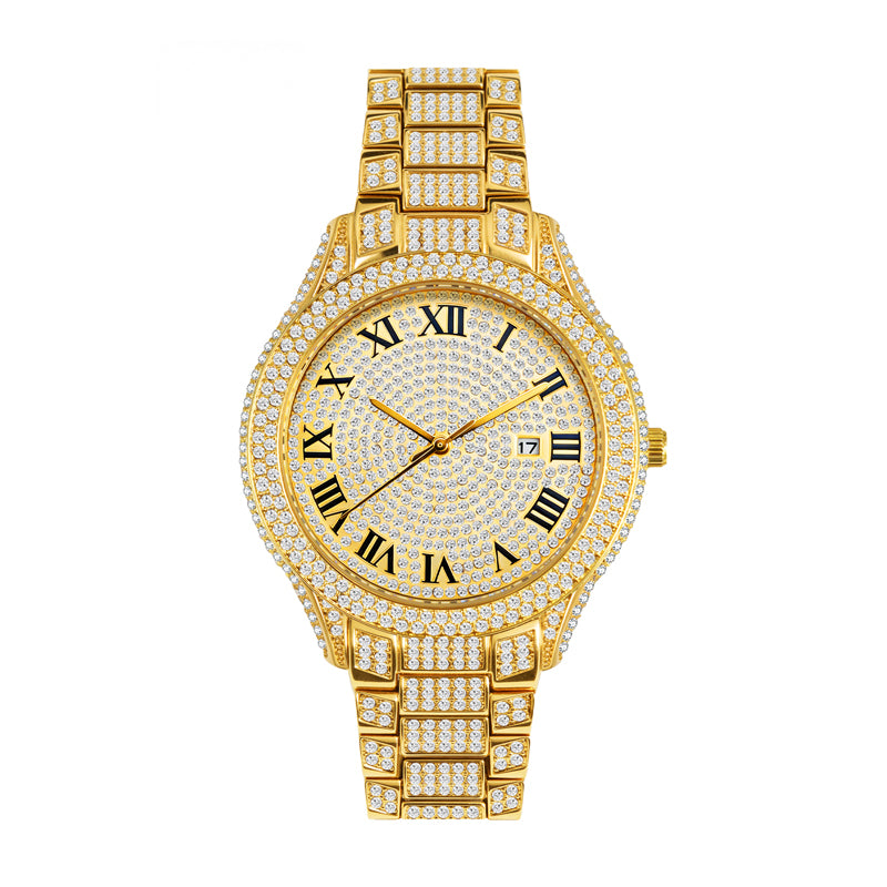 BELBI BELBL-8242 Live Edition Men's Iced Out Watch - Luxury Full Crystals Encrusted Roman Numerals Gold Dial Date Window Metal Band Hiphop Wristwatch