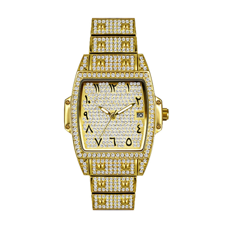 BELBI BELBL-8246 Live Edition Men's Iced Out Watch - Luxury Full Crystals Encrusted Tonneau Case Pave Dial Eastern Arabic Numerals 3H Date Metal Band Hiphop Wristwatch