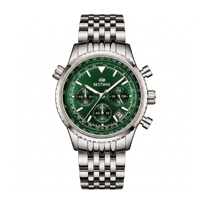 BESTWIN BW272 Live Edition Men's Aviator Chronograph Quartz Watch - 43mm Silver Case Slide Rule Bezel 4:30 Date Multi-Link Stainless Steel Band Wristwatch