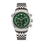 BESTWIN BW272 Live Edition Men's Aviator Chronograph Quartz Watch - 43mm Silver Case Slide Rule Bezel 4:30 Date Multi-Link Stainless Steel Band Wristwatch
