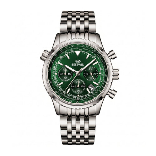 BESTWIN BW272 Live Edition Men's Aviator Chronograph Quartz Watch - 43mm Silver Case Slide Rule Bezel 4:30 Date Multi-Link Stainless Steel Band Wristwatch