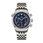 BESTWIN BW272 Live Edition Men's Aviator Chronograph Quartz Watch - 43mm Silver Case Slide Rule Bezel 4:30 Date Multi-Link Stainless Steel Band Wristwatch