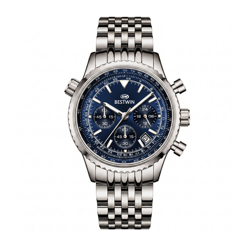 BESTWIN BW272 Live Edition Men's Aviator Chronograph Quartz Watch - 43mm Silver Case Slide Rule Bezel 4:30 Date Multi-Link Stainless Steel Band Wristwatch