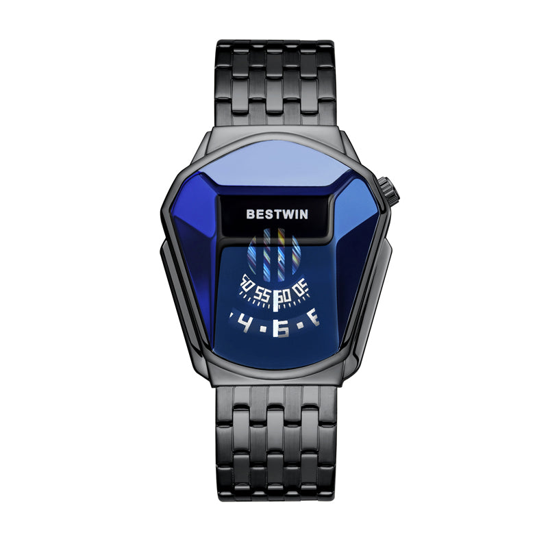 BESTWIN BW6615 Quartz Watch - Live Edition Men's Futuristic Asymmetric Geometry Rotating Disc Window Display Stainless Steel Band Sports Wristwatch