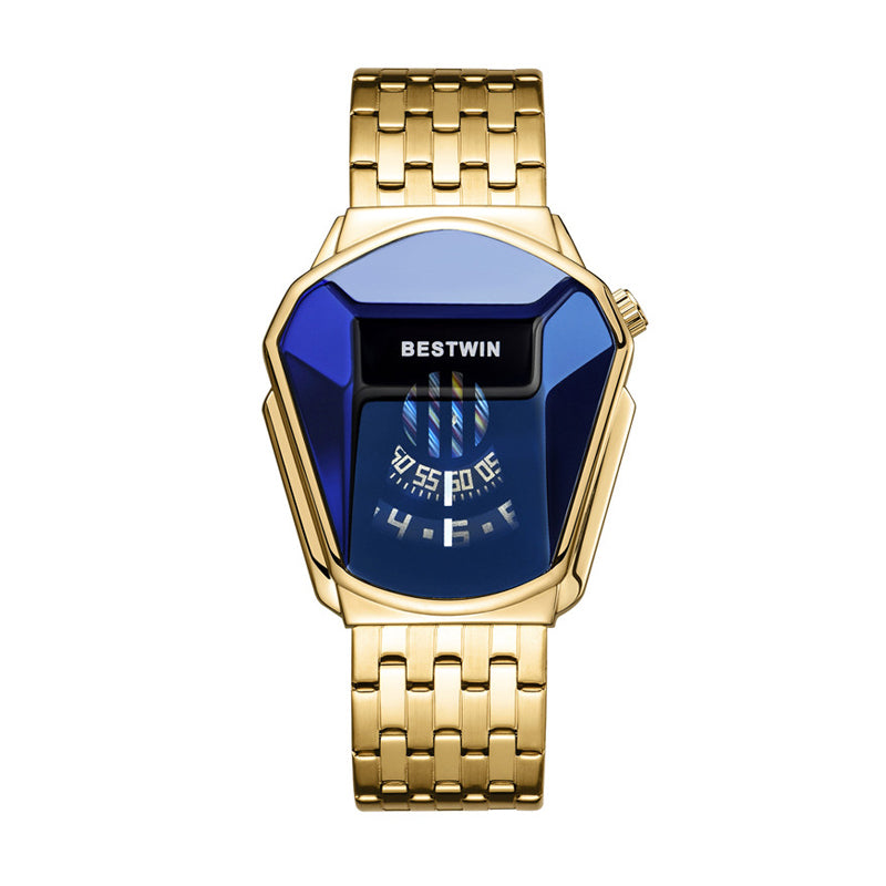 BESTWIN BW6615 Quartz Watch - Live Edition Men's Futuristic Asymmetric Geometry Rotating Disc Window Display Stainless Steel Band Sports Wristwatch