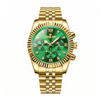 KINGNUOS DDM197 Live Edition Men's Luxury Fluted Bezel Chronograph Quartz Watch - 43mm Gold Case Sun & Moon Phase Multi-Subdial 4:30 Date Jubilee Bracelet Wristwatch