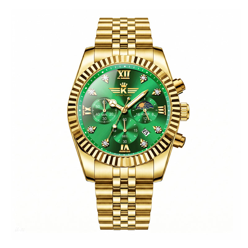 KINGNUOS DDM197 Live Edition Men's Luxury Fluted Bezel Chronograph Quartz Watch - 43mm Gold Case Sun & Moon Phase Multi-Subdial 4:30 Date Jubilee Bracelet Wristwatch