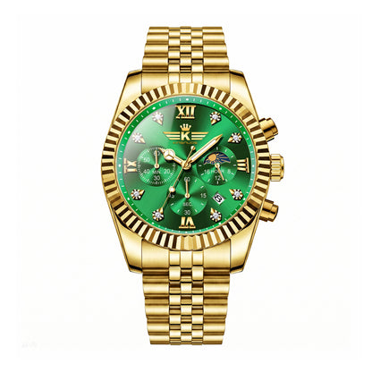 KINGNUOS DDM197 Live Edition Men's Luxury Fluted Bezel Chronograph Quartz Watch - 43mm Gold Case Sun & Moon Phase Multi-Subdial 4:30 Date Jubilee Bracelet Wristwatch
