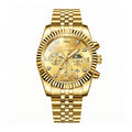 KINGNUOS DDM197 Live Edition Men's Luxury Fluted Bezel Chronograph Quartz Watch - 43mm Gold Case Sun & Moon Phase Multi-Subdial 4:30 Date Jubilee Bracelet Wristwatch