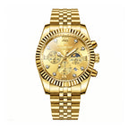 KINGNUOS DDM197 Live Edition Men's Luxury Fluted Bezel Chronograph Quartz Watch - 43mm Gold Case Sun & Moon Phase Multi-Subdial 4:30 Date Jubilee Bracelet Wristwatch