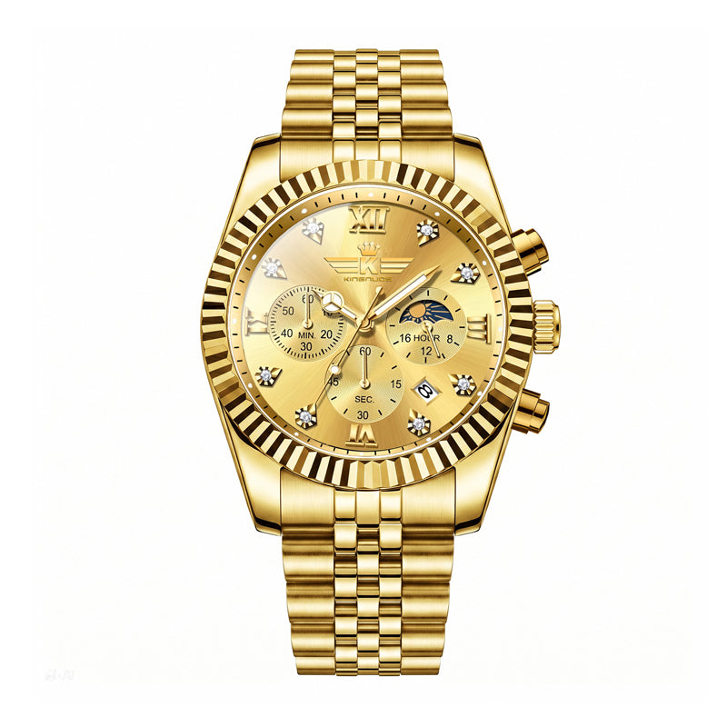 KINGNUOS DDM197 Live Edition Men's Luxury Fluted Bezel Chronograph Quartz Watch - 43mm Gold Case Sun & Moon Phase Multi-Subdial 4:30 Date Jubilee Bracelet Wristwatch