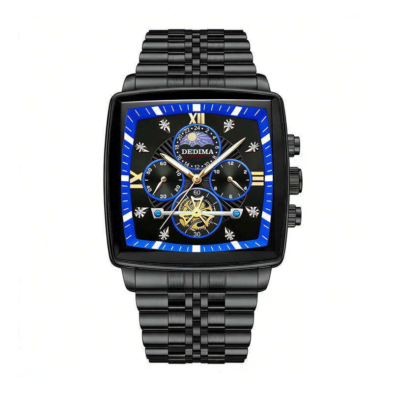 DEDIMA DDM317 Quartz Watch - Live Edition Men's Luxury Square Domed Case Sun-Moon Phase Luminous Hands Multi-Bead Steel Link Bracelet Wristwatch