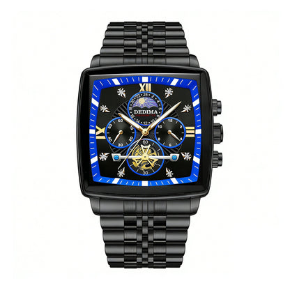 DEDIMA DDM317 Quartz Watch - Live Edition Men's Luxury Square Domed Case Sun-Moon Phase Luminous Hands Multi-Bead Steel Link Bracelet Wristwatch