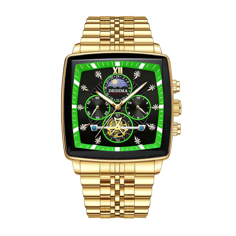 DEDIMA DDM317 Quartz Watch - Live Edition Men's Luxury Square Domed Case Sun-Moon Phase Luminous Hands Multi-Bead Steel Link Bracelet Wristwatch
