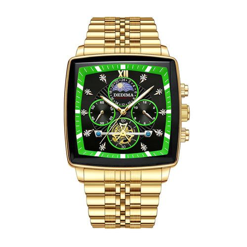 DEDIMA DDM317 Quartz Watch - Live Edition Men's Luxury Square Domed Case Sun-Moon Phase Luminous Hands Multi-Bead Steel Link Bracelet Wristwatch