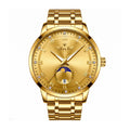 DEDIMA DDM338 Quartz Watch - Live Edition Men's Luxury Slim 6H Sun-Moon Phase Day-Night Date Luminous Hands Full Gold Steel Bracelet Wristwatch