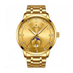 DEDIMA DDM338 Quartz Watch - Live Edition Men's Luxury Slim 6H Sun-Moon Phase Day-Night Date Luminous Hands Full Gold Steel Bracelet Wristwatch