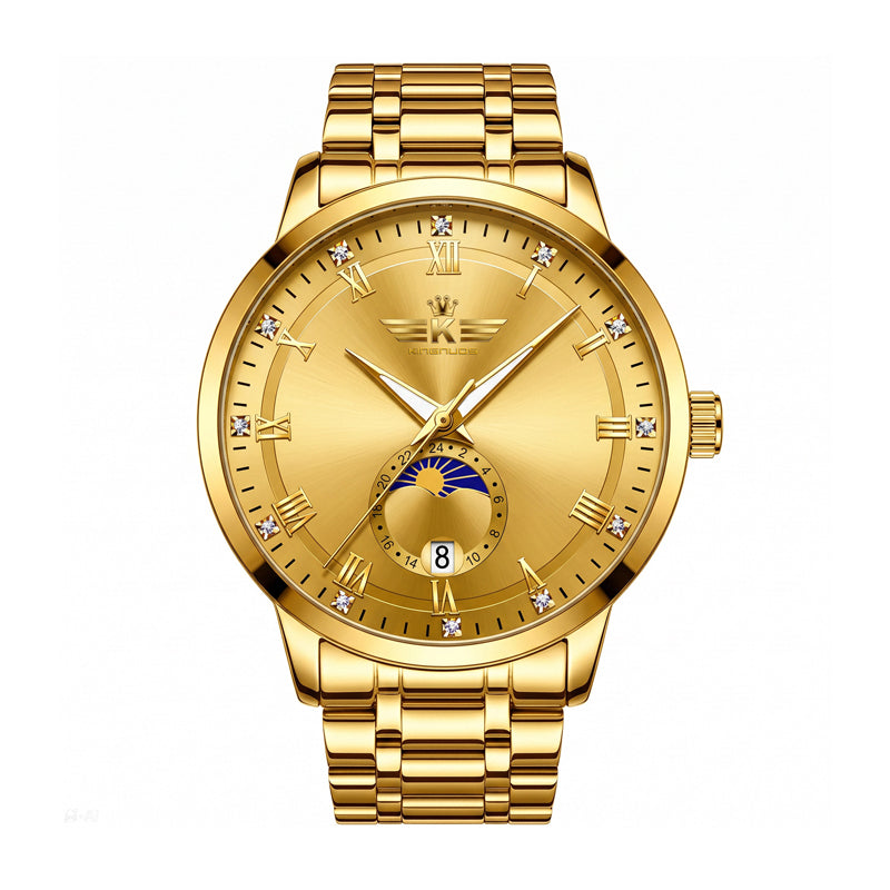 DEDIMA DDM338 Quartz Watch - Live Edition Men's Luxury Slim 6H Sun-Moon Phase Day-Night Date Luminous Hands Full Gold Steel Bracelet Wristwatch