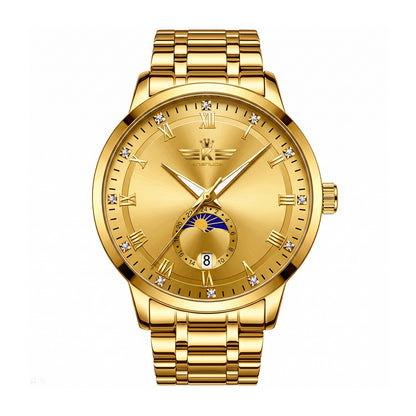 DEDIMA DDM338 Quartz Watch - Live Edition Men's Luxury Slim 6H Sun-Moon Phase Day-Night Date Luminous Hands Full Gold Steel Bracelet Wristwatch