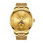 DEDIMA DDM338 Quartz Watch - Live Edition Men's Luxury Slim 6H Sun-Moon Phase Day-Night Date Luminous Hands Full Gold Steel Bracelet Wristwatch
