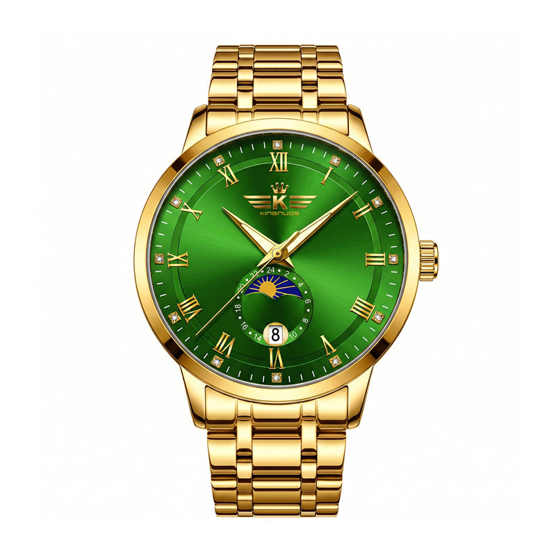 DEDIMA DDM338 Quartz Watch - Live Edition Men's Luxury Slim 6H Sun-Moon Phase Day-Night Date Luminous Hands Full Gold Steel Bracelet Wristwatch