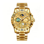 DEDIMA DDM507 Quartz Watch - Live Edition Men's Heavy Sport 45mm Domed Case Sun-Moon Phase Luminous Hands Day-Date Gold Steel Link Bracelet Wristwatch