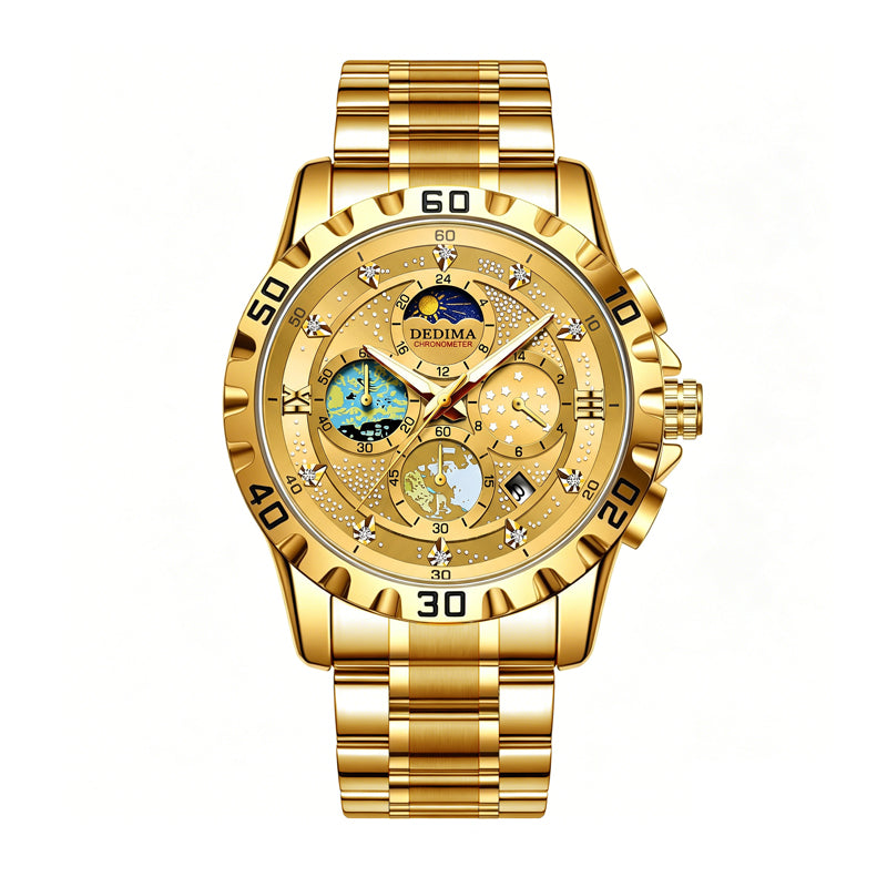 DEDIMA DDM507 Quartz Watch - Live Edition Men's Heavy Sport 45mm Domed Case Sun-Moon Phase Luminous Hands Day-Date Gold Steel Link Bracelet Wristwatch